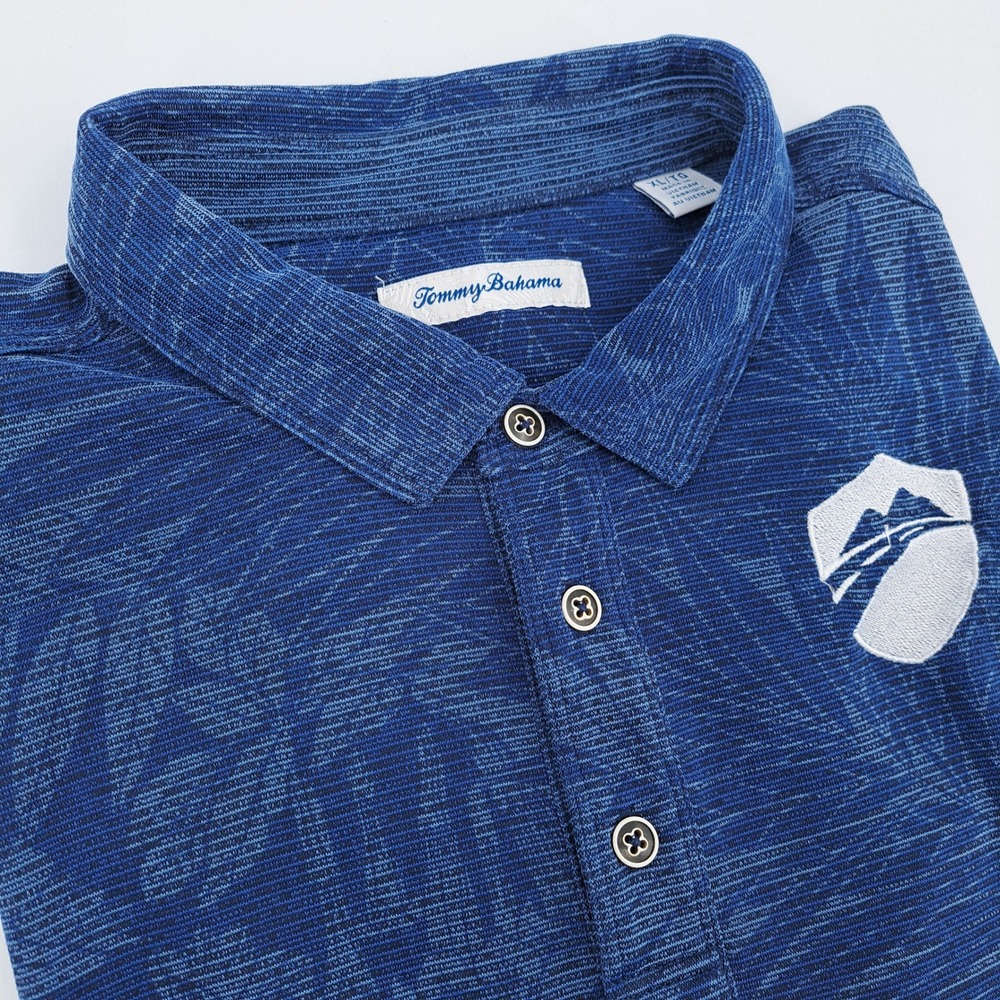 Tommy Bahama Polo Shirt Mens XL Tencel Polyester Blue Tropical Palm Leaf Logo